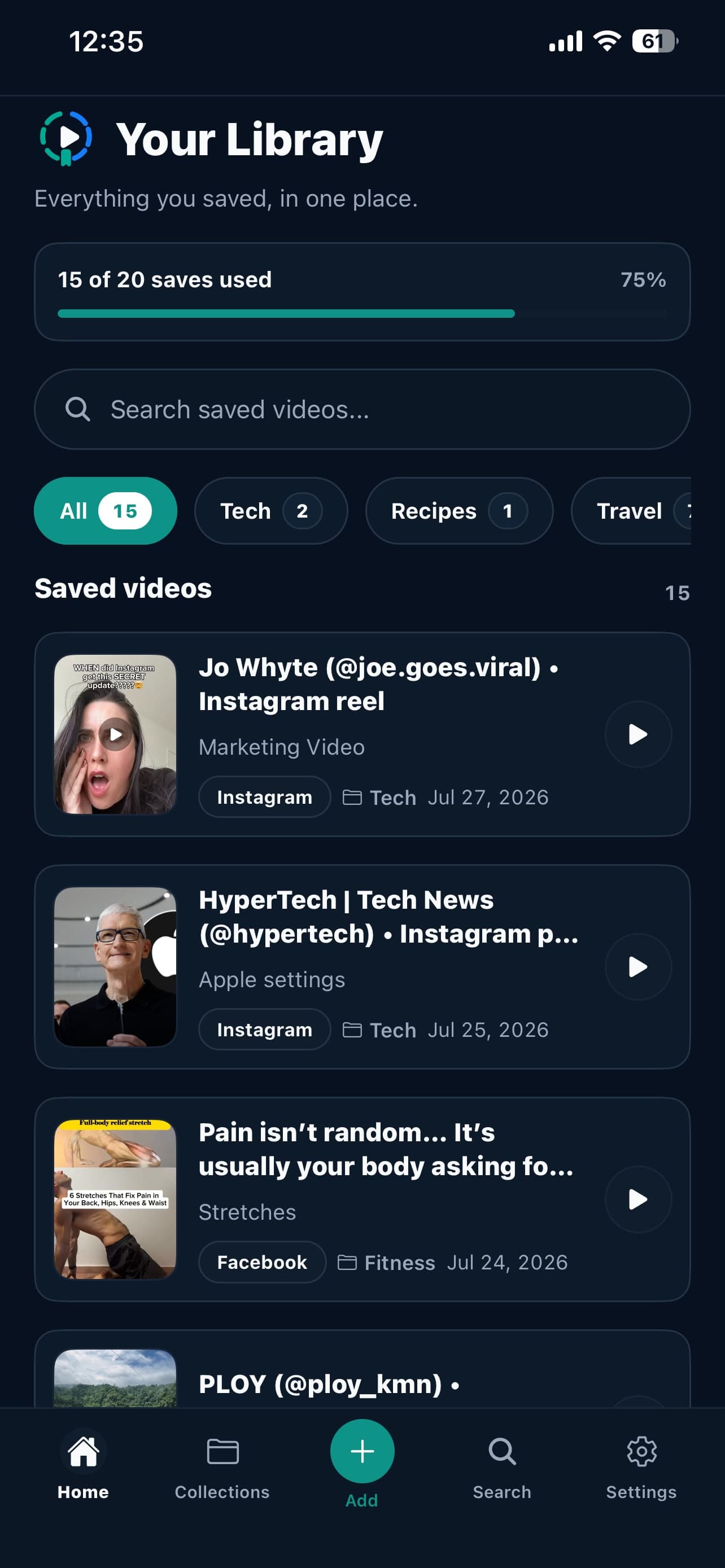 Klipmory app showing a searchable library of saved videos and collections